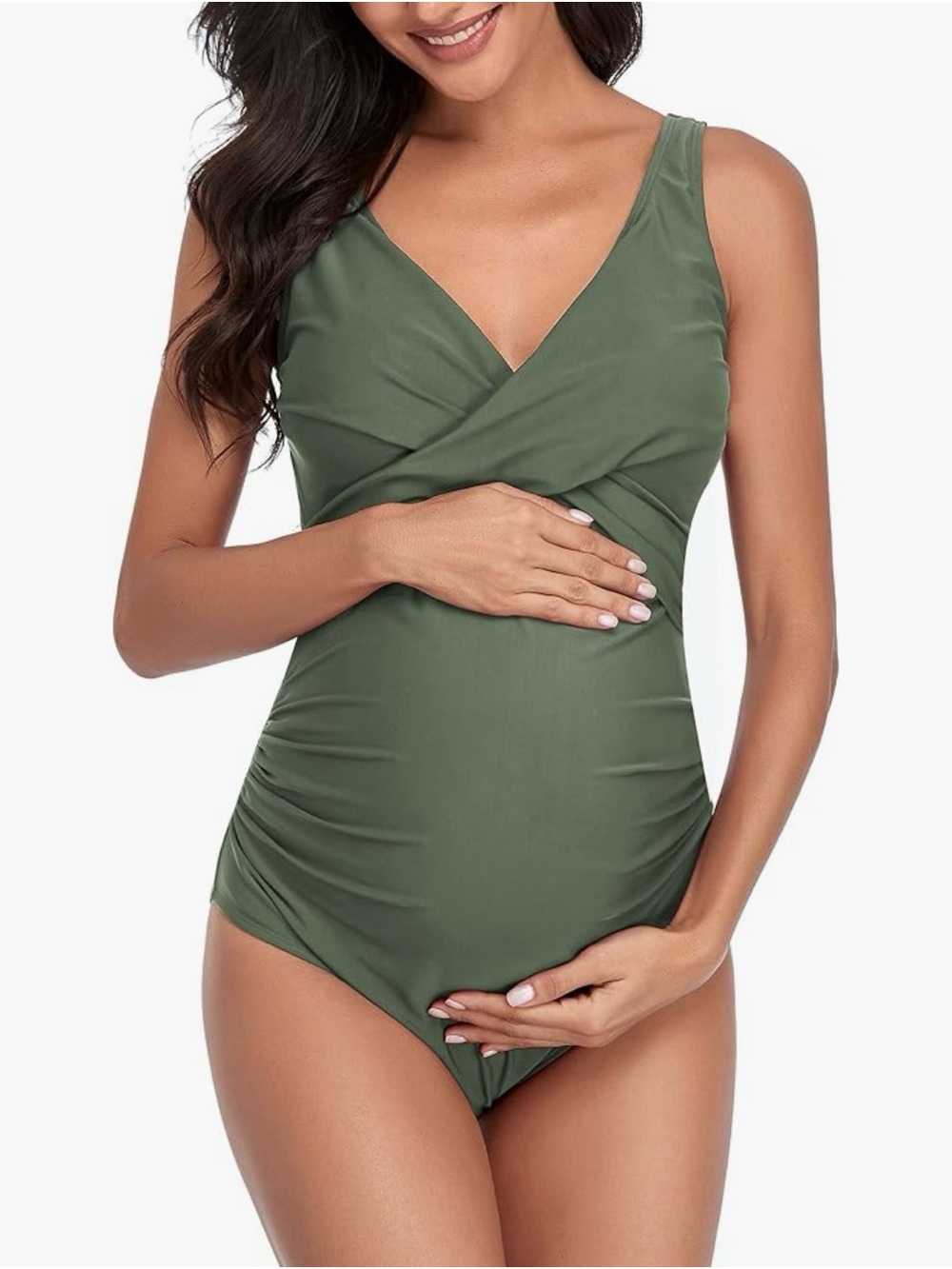 Maternity Wrap-Front One-Piece Swimsuit in Olive Green